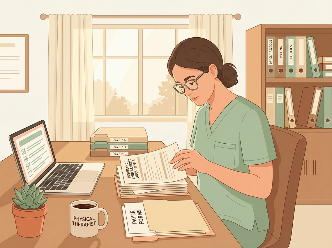 Physical therapist reviewing credentialing documents