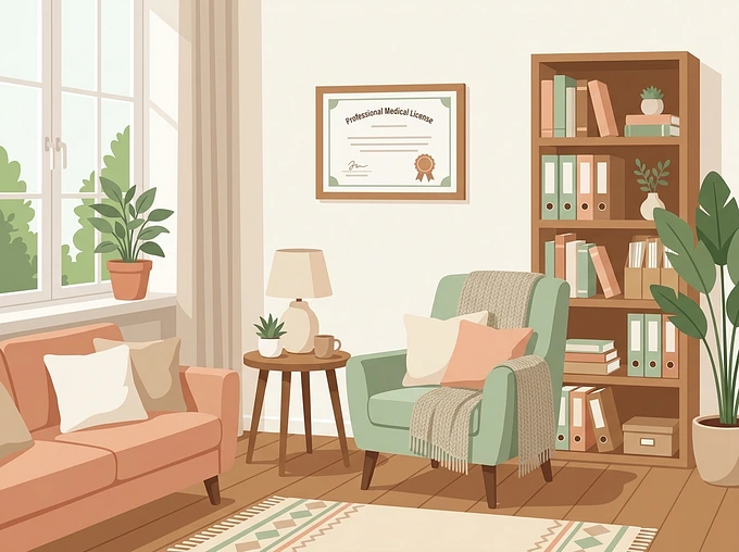 Cozy therapist office with bookshelf and framed license