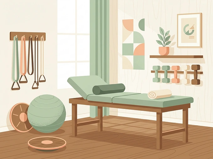Physical therapy clinic with treatment table and exercise equipment