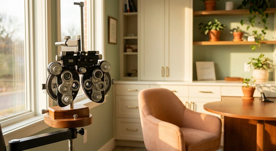 Warm optometry exam room with phoropter