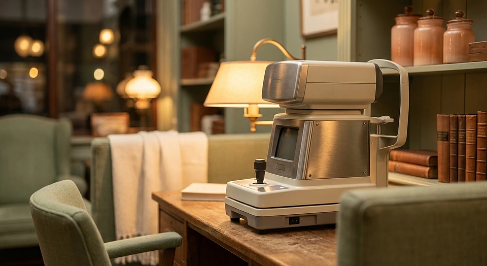 Optometric diagnostic equipment in warm-lit room